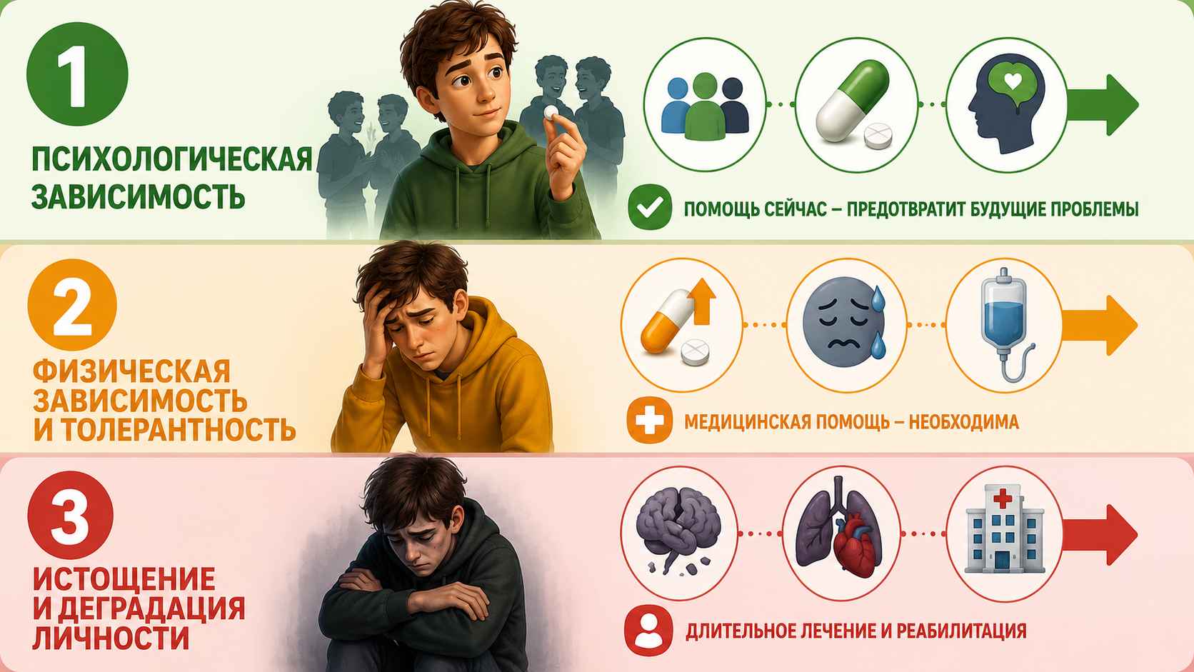 Инфографика с тремя стадиями развития зависимости у подростков, объясняющая лечение подростковой зависимости.